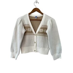 Old Navy Sweater Girls L‎ (10-12) Cream Tan Fair Isle Cardigan V Neck Super Soft